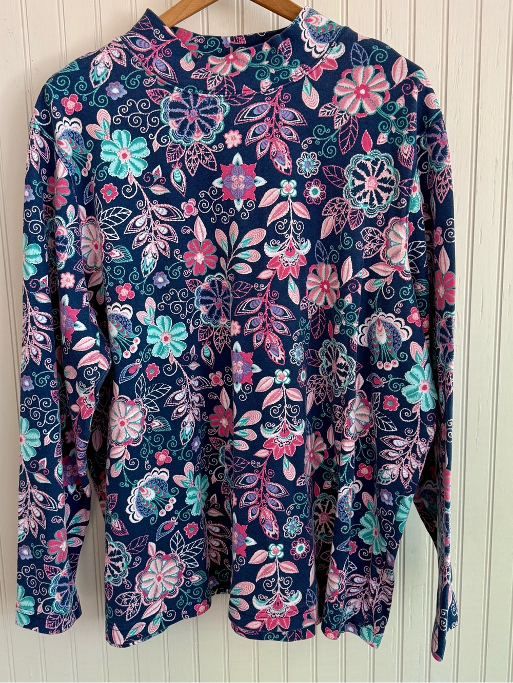 Blair Navy Cotton Floral Long Sleeve Top Size 2X Mock Neck